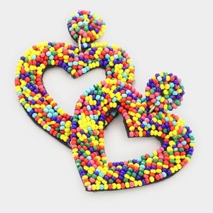 Colorful Beaded Statement Open Hollow Heart Earrings Fun Valentines Day Jewelry